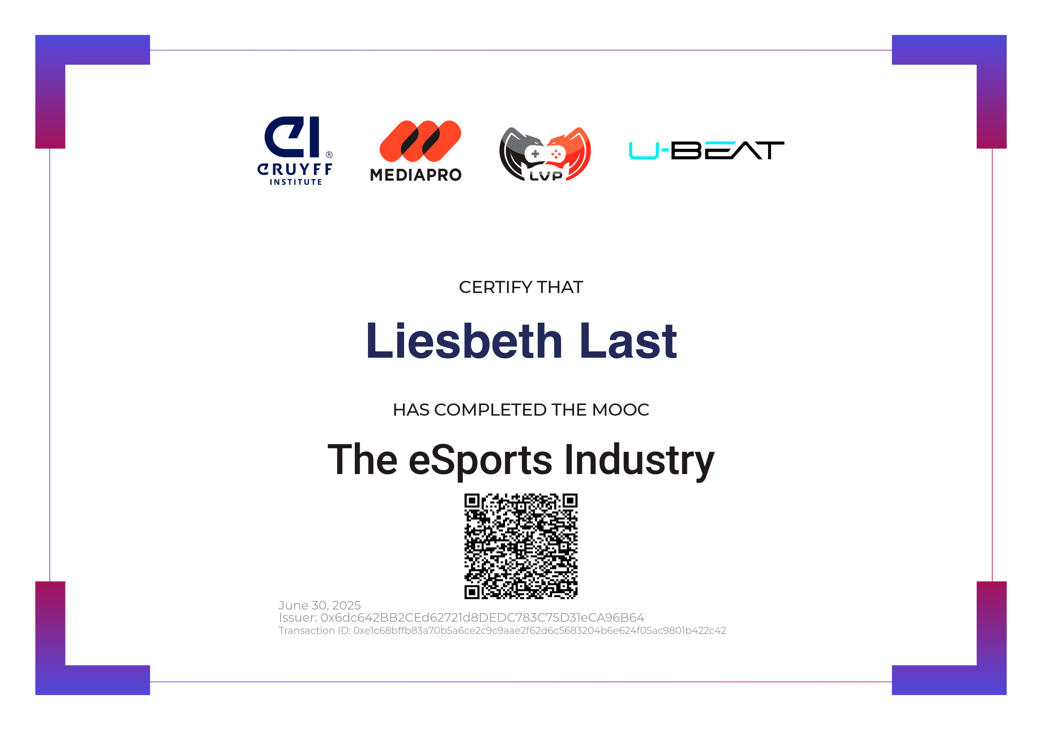 Johan Cruyff Institute certifies that Liesbeth Last has obtained the certificate of the Curso no encontrado.